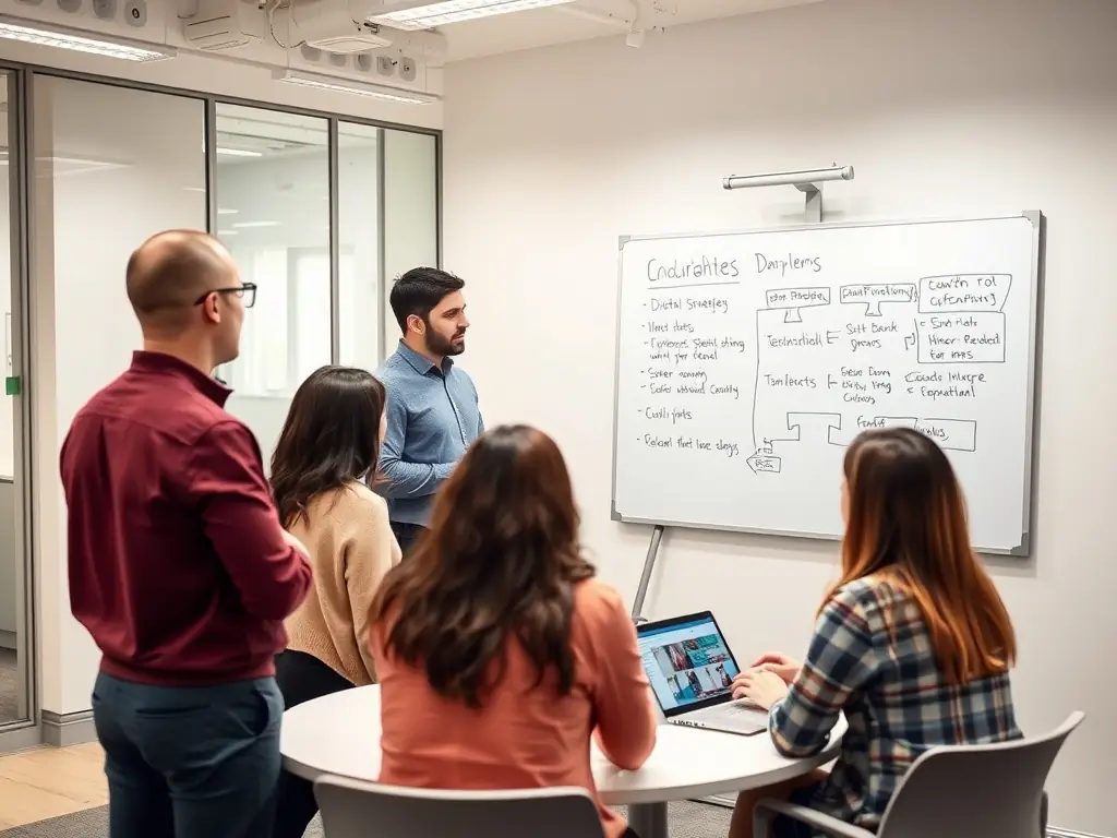 A consultant discussing digital strategies with a team in an office.